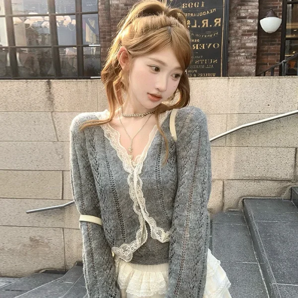 Solid Color Desire Style Women's Fall Lace Splicing Camisole Sweet Top Cardigan Two Piece Fashion Suit Pants Long Sleeve Zipper - Image 4