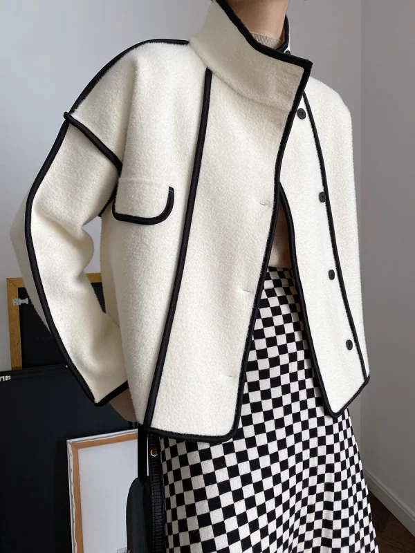 Fashion Coats for Women 2024 Loose Standing Collar Solid Short Women's Jacket Contrast Color Design White Black Autumn Outerwear - Image 10
