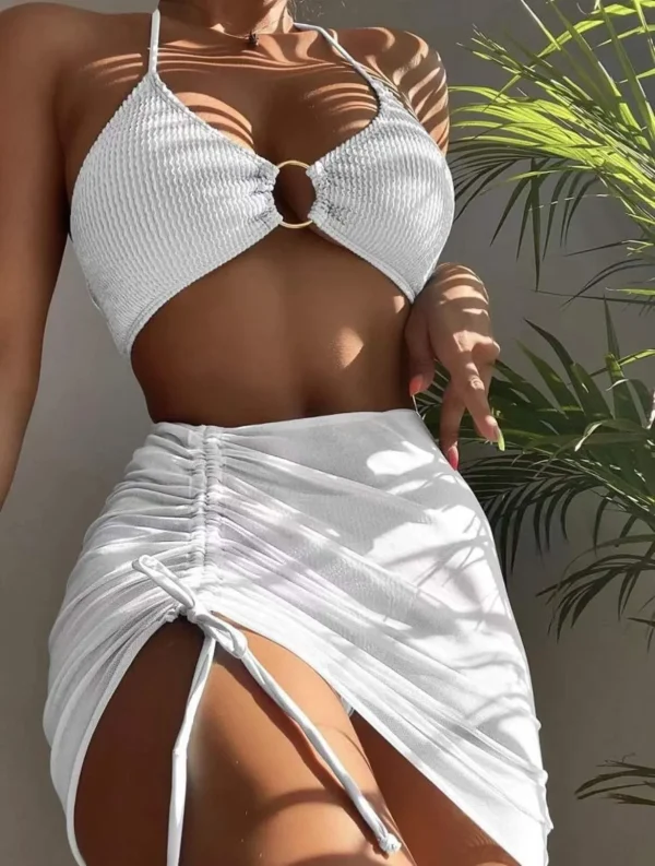 High Elastic Bikini Set 2024 Summer Three-piece Solid Color Lace-up Sexy Women Swimsuit Beach Bathing Suit Swimwear Two Pieces - Image 16