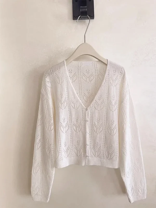 Kawaii Knitted Cardigans Women Long Sleeve V-Neck Flower Shape Hollow Out Sweaters for Sweet Girls - Image 9