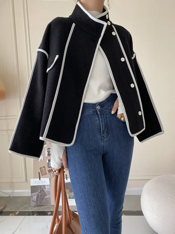 Fashion Coats for Women 2024 Loose Standing Collar Solid Short Women's Jacket Contrast Color Design White Black Autumn Outerwear - Image 18