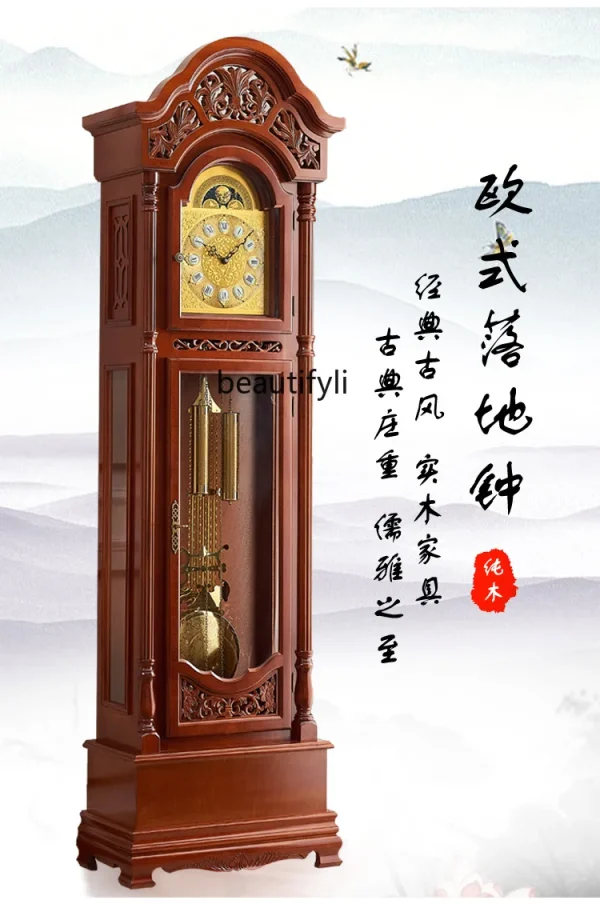 The Grandfather Clock European Luxury Mechanical Clock Solid Wood Chinese Style Villa Standing Grandfather Clock Retro - Image 2