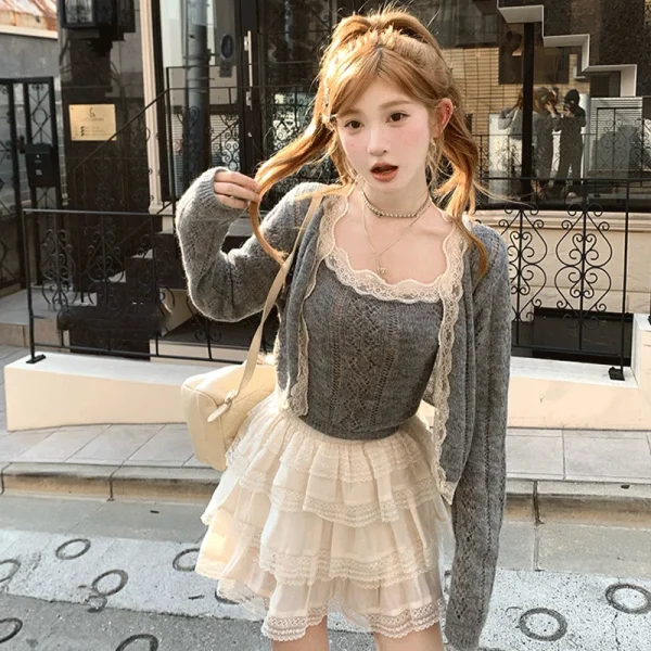 Solid Color Desire Style Women's Fall Lace Splicing Camisole Sweet Top Cardigan Two Piece Fashion Suit Pants Long Sleeve Zipper - Image 7