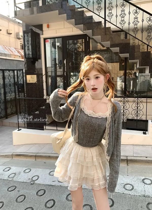 Solid Color Desire Style Women's Fall Lace Splicing Camisole Sweet Top Cardigan Two Piece Fashion Suit Pants Long Sleeve Zipper - Image 37