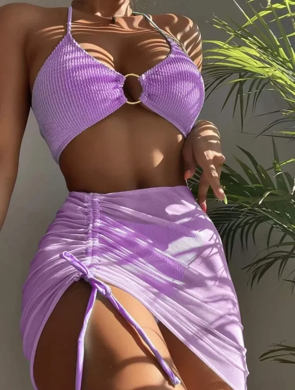 High Elastic Bikini Set 2024 Summer Three-piece Solid Color Lace-up Sexy Women Swimsuit Beach Bathing Suit Swimwear Two Pieces - Image 23