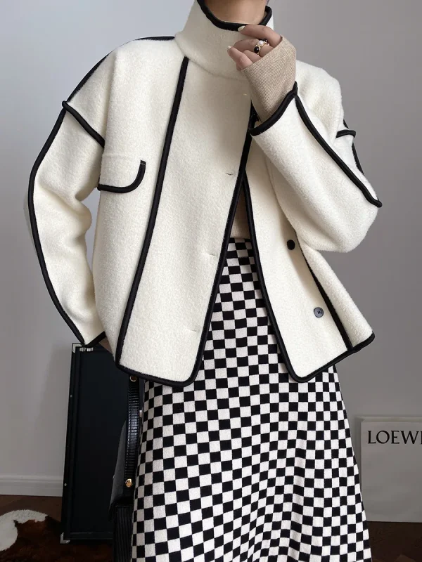 Fashion Coats for Women 2024 Loose Standing Collar Solid Short Women's Jacket Contrast Color Design White Black Autumn Outerwear - Image 34