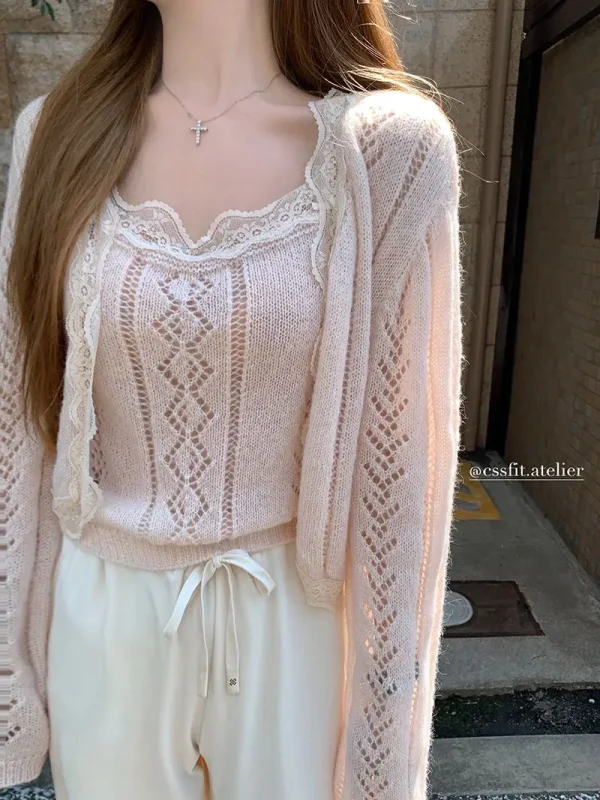 Solid Color Desire Style Women's Fall Lace Splicing Camisole Sweet Top Cardigan Two Piece Fashion Suit Pants Long Sleeve Zipper - Image 23