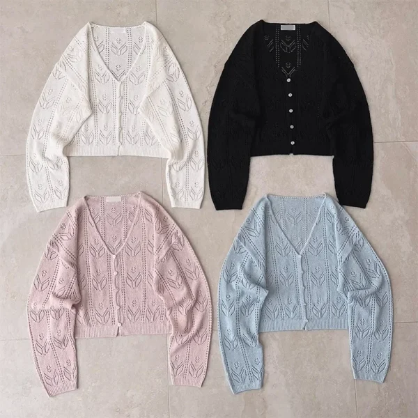 Kawaii Knitted Cardigans Women Long Sleeve V-Neck Flower Shape Hollow Out Sweaters for Sweet Girls - Image 3