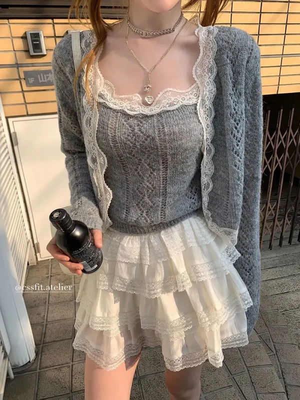 Solid Color Desire Style Women's Fall Lace Splicing Camisole Sweet Top Cardigan Two Piece Fashion Suit Pants Long Sleeve Zipper - Image 10