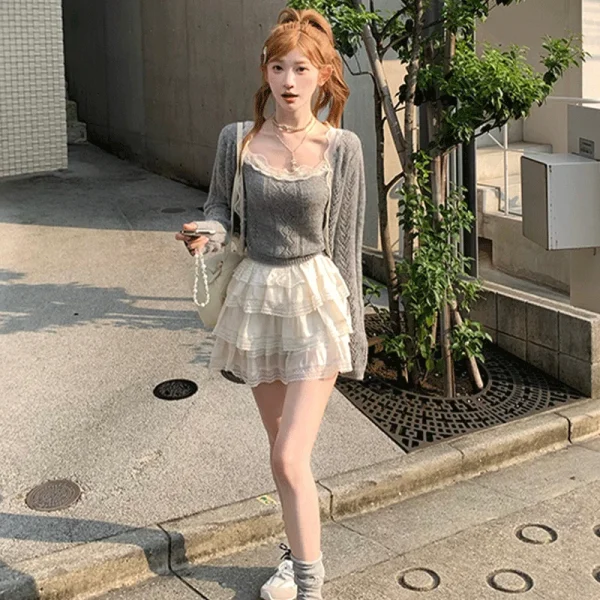 Solid Color Desire Style Women's Fall Lace Splicing Camisole Sweet Top Cardigan Two Piece Fashion Suit Pants Long Sleeve Zipper - Image 3