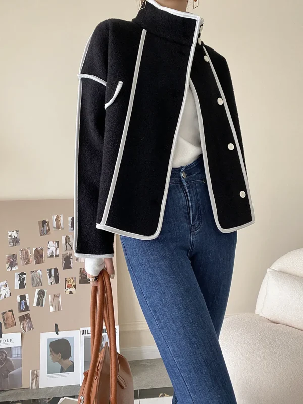 Fashion Coats for Women 2024 Loose Standing Collar Solid Short Women's Jacket Contrast Color Design White Black Autumn Outerwear - Image 25