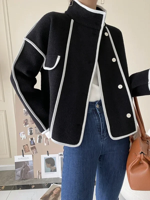 Fashion Coats for Women 2024 Loose Standing Collar Solid Short Women's Jacket Contrast Color Design White Black Autumn Outerwear - Image 3
