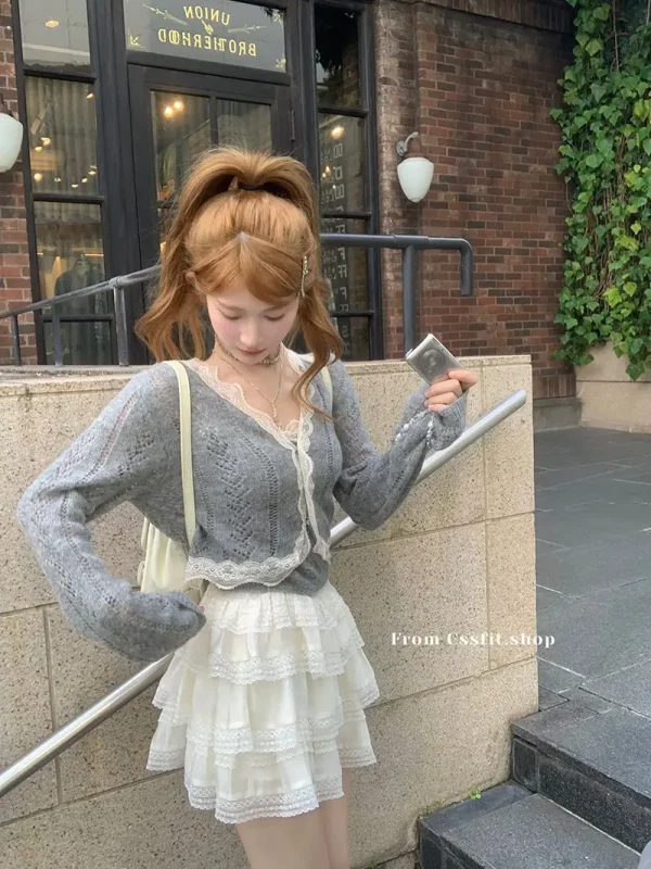 Solid Color Desire Style Women's Fall Lace Splicing Camisole Sweet Top Cardigan Two Piece Fashion Suit Pants Long Sleeve Zipper - Image 29