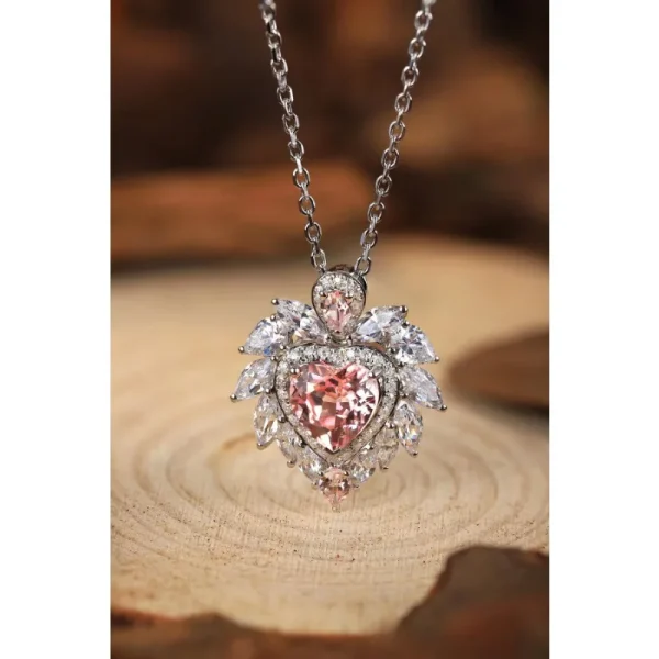 Ruihe 925 Silver Pendant Necklace for Women Heart 1.63ct Lab Grown Gmestone Morgan Pink Fine Jewelry for Gift Silver Necklace
