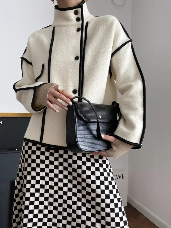 Fashion Coats for Women 2024 Loose Standing Collar Solid Short Women's Jacket Contrast Color Design White Black Autumn Outerwear - Image 4