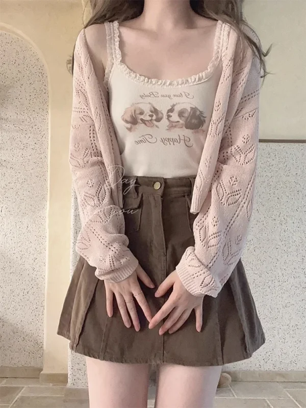 Kawaii Knitted Cardigans Women Long Sleeve V-Neck Flower Shape Hollow Out Sweaters for Sweet Girls - Image 15
