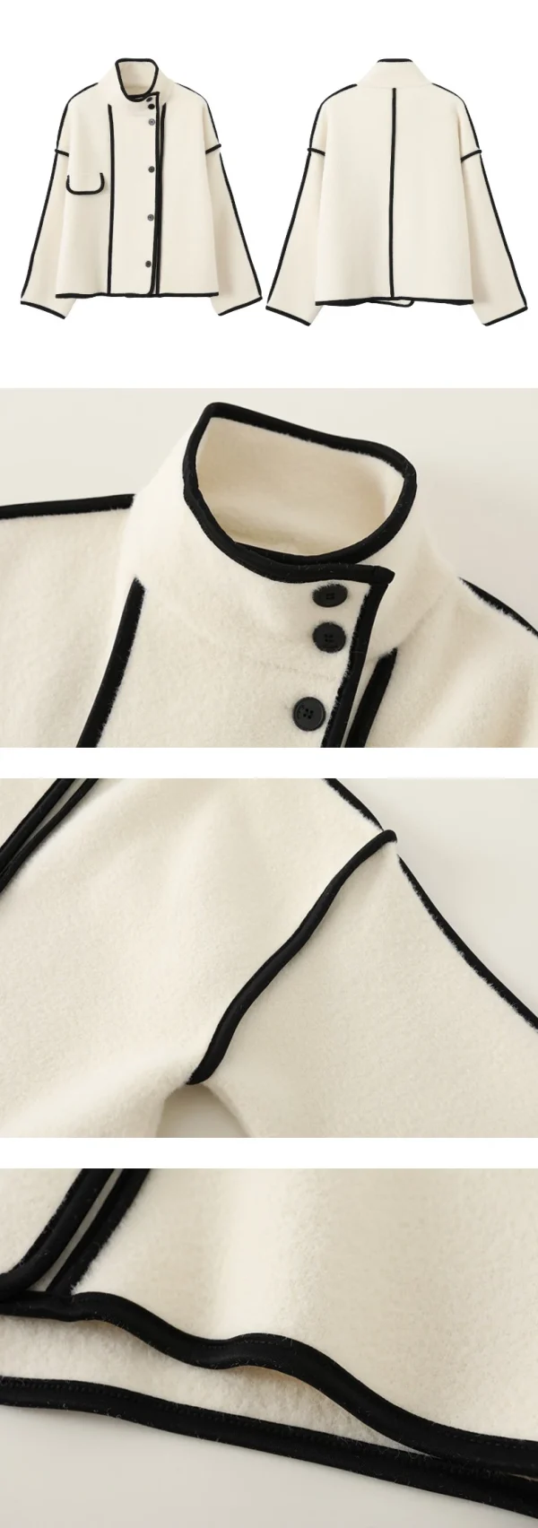 Fashion Coats for Women 2024 Loose Standing Collar Solid Short Women's Jacket Contrast Color Design White Black Autumn Outerwear - Image 9