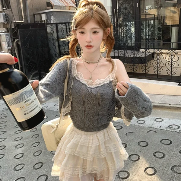Solid Color Desire Style Women's Fall Lace Splicing Camisole Sweet Top Cardigan Two Piece Fashion Suit Pants Long Sleeve Zipper