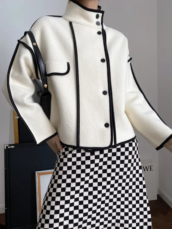 Fashion Coats for Women 2024 Loose Standing Collar Solid Short Women's Jacket Contrast Color Design White Black Autumn Outerwear - Image 28
