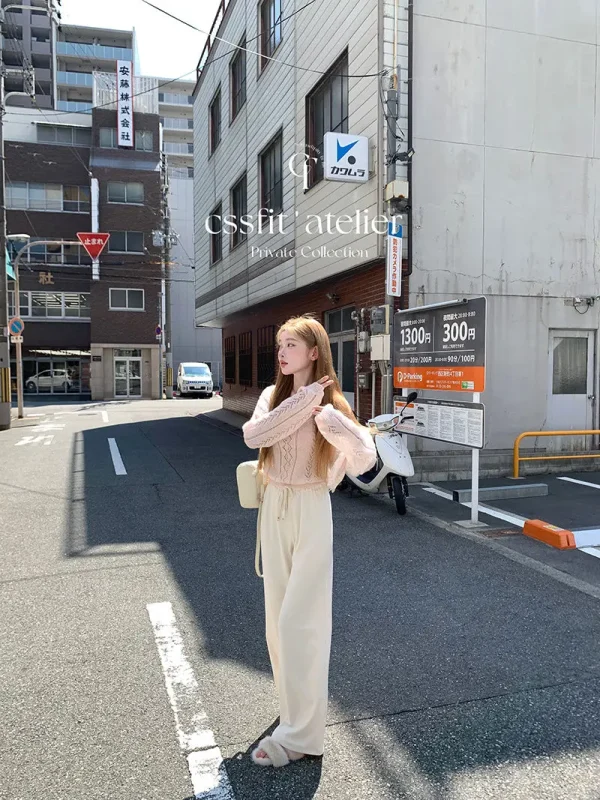Solid Color Desire Style Women's Fall Lace Splicing Camisole Sweet Top Cardigan Two Piece Fashion Suit Pants Long Sleeve Zipper - Image 28
