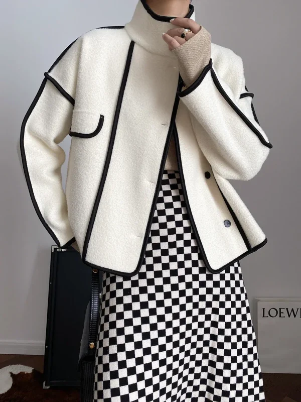Fashion Coats for Women 2024 Loose Standing Collar Solid Short Women's Jacket Contrast Color Design White Black Autumn Outerwear - Image 7