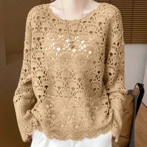 2024 Autumn/winter new 100% Merino pure wool top women's senior feeling gentle slimming all-in-one burst hollow knit round neck