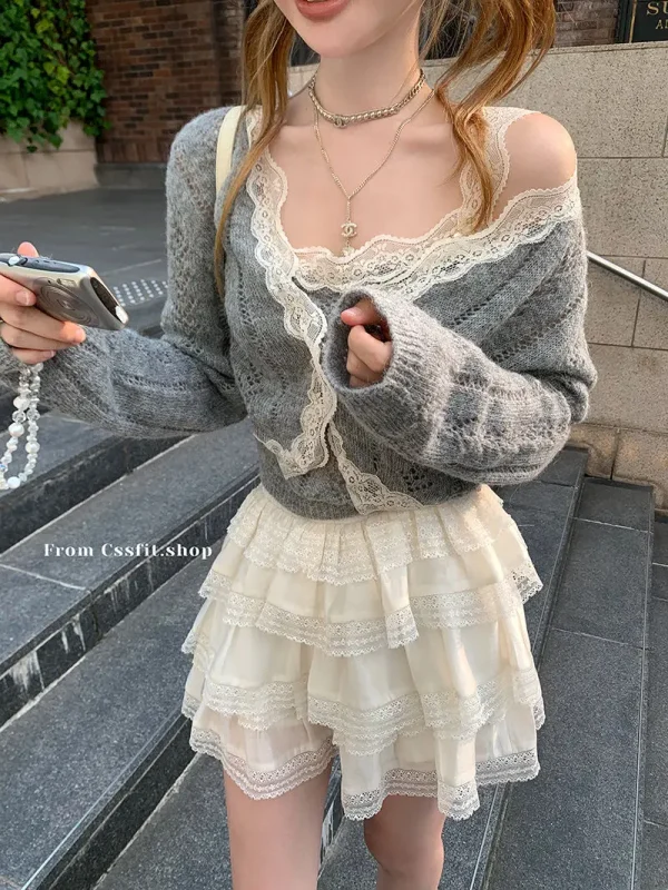 Solid Color Desire Style Women's Fall Lace Splicing Camisole Sweet Top Cardigan Two Piece Fashion Suit Pants Long Sleeve Zipper - Image 30