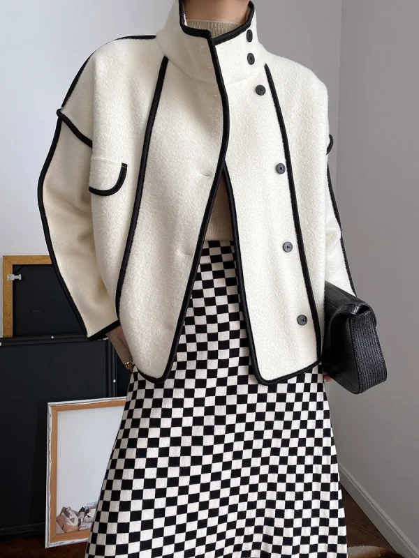 Fashion Coats for Women 2024 Loose Standing Collar Solid Short Women's Jacket Contrast Color Design White Black Autumn Outerwear - Image 31