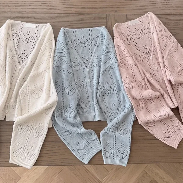 Kawaii Knitted Cardigans Women Long Sleeve V-Neck Flower Shape Hollow Out Sweaters for Sweet Girls - Image 2