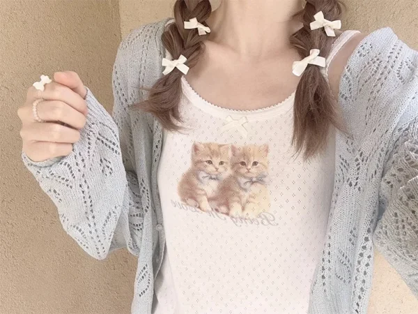 Kawaii Knitted Cardigans Women Long Sleeve V-Neck Flower Shape Hollow Out Sweaters for Sweet Girls - Image 13