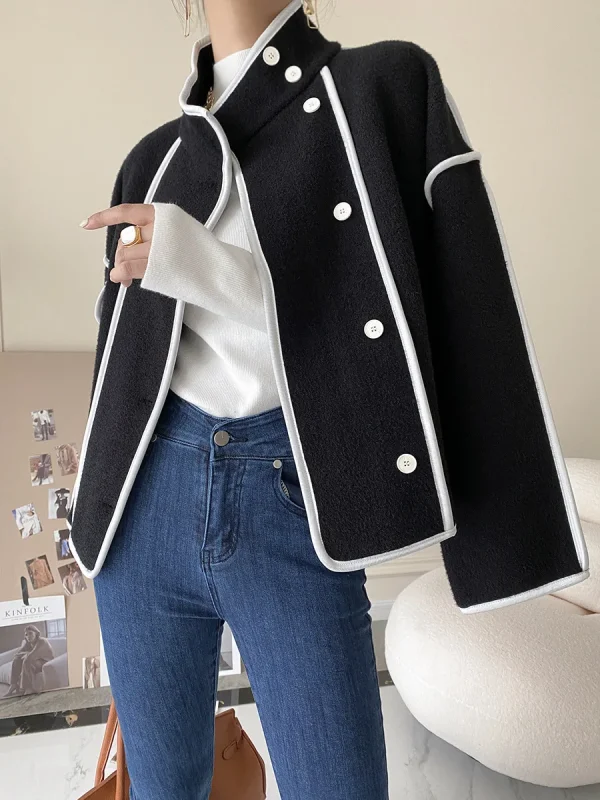 Fashion Coats for Women 2024 Loose Standing Collar Solid Short Women's Jacket Contrast Color Design White Black Autumn Outerwear - Image 12