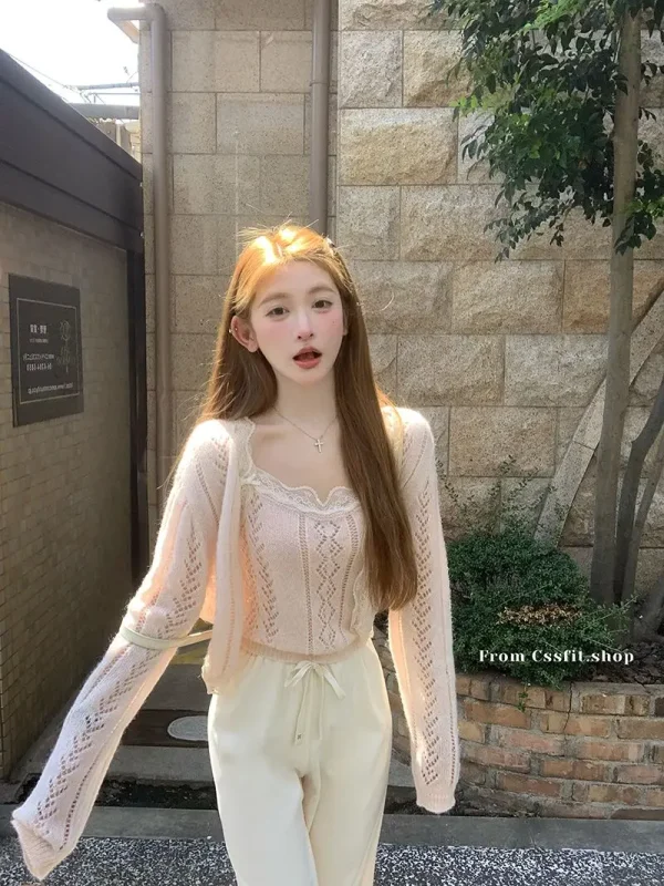 Solid Color Desire Style Women's Fall Lace Splicing Camisole Sweet Top Cardigan Two Piece Fashion Suit Pants Long Sleeve Zipper - Image 9