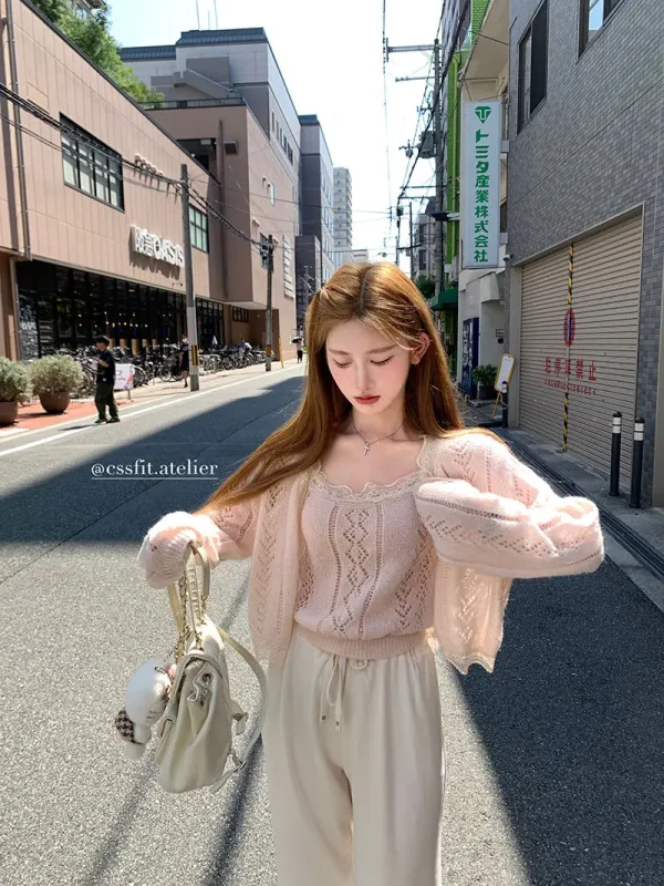 Solid Color Desire Style Women's Fall Lace Splicing Camisole Sweet Top Cardigan Two Piece Fashion Suit Pants Long Sleeve Zipper - Image 22