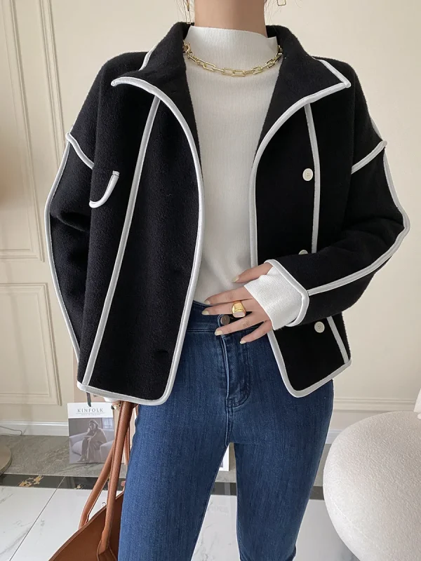 Fashion Coats for Women 2024 Loose Standing Collar Solid Short Women's Jacket Contrast Color Design White Black Autumn Outerwear - Image 23
