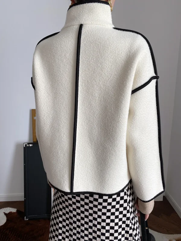 Fashion Coats for Women 2024 Loose Standing Collar Solid Short Women's Jacket Contrast Color Design White Black Autumn Outerwear - Image 14
