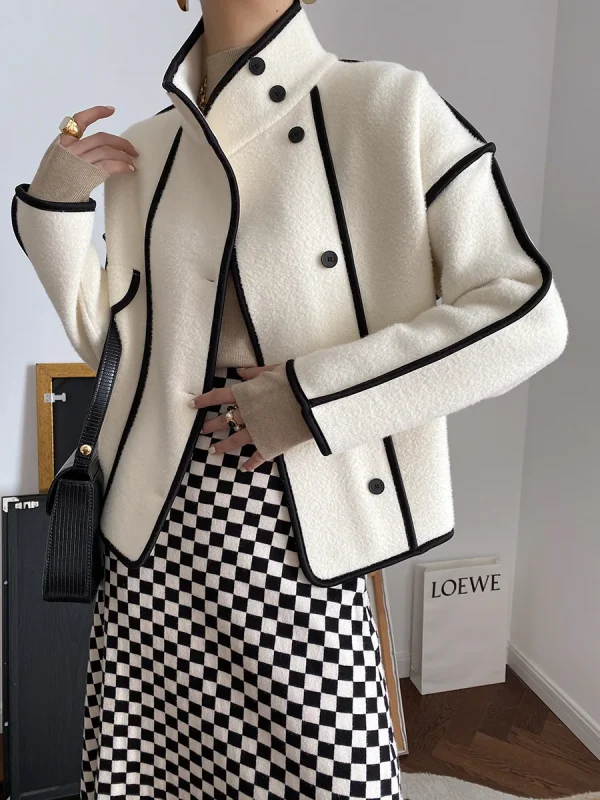 Fashion Coats for Women 2024 Loose Standing Collar Solid Short Women's Jacket Contrast Color Design White Black Autumn Outerwear - Image 13