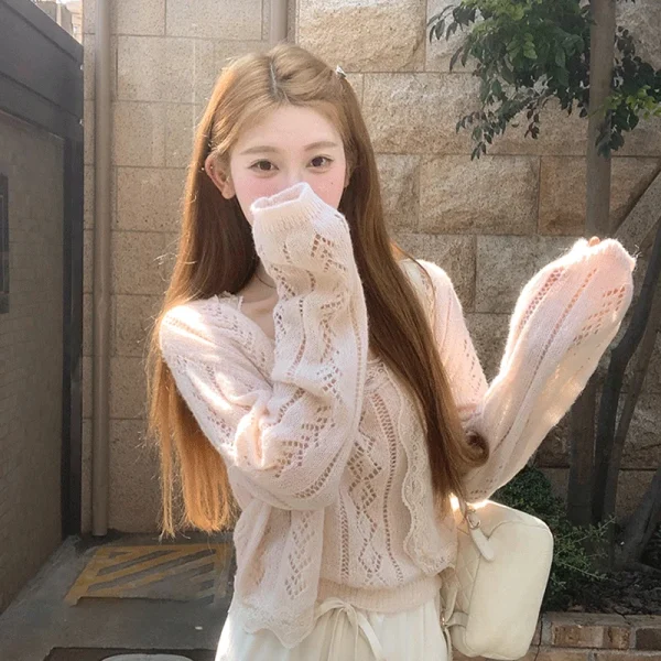 Solid Color Desire Style Women's Fall Lace Splicing Camisole Sweet Top Cardigan Two Piece Fashion Suit Pants Long Sleeve Zipper - Image 6