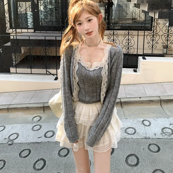 Solid Color Desire Style Women's Fall Lace Splicing Camisole Sweet Top Cardigan Two Piece Fashion Suit Pants Long Sleeve Zipper - Image 2