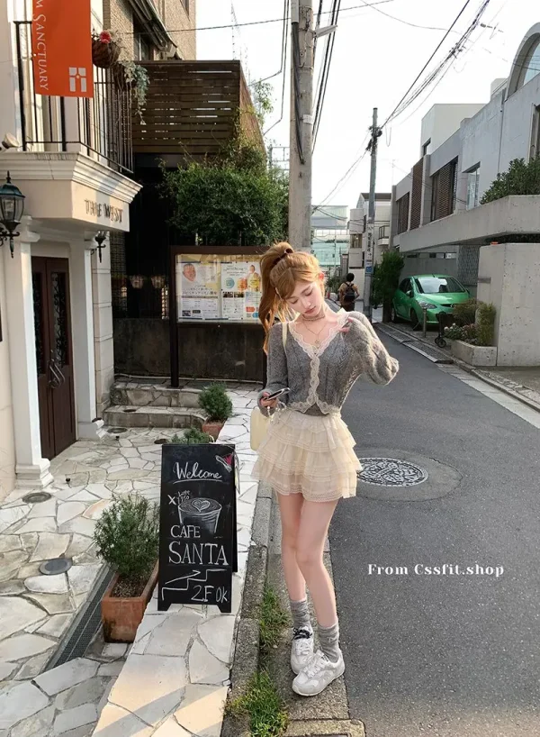 Solid Color Desire Style Women's Fall Lace Splicing Camisole Sweet Top Cardigan Two Piece Fashion Suit Pants Long Sleeve Zipper - Image 32