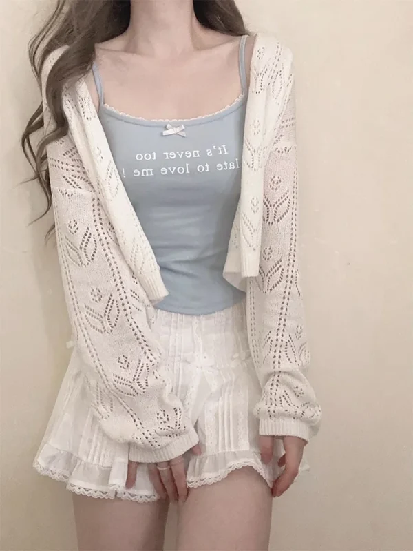 Kawaii Knitted Cardigans Women Long Sleeve V-Neck Flower Shape Hollow Out Sweaters for Sweet Girls - Image 16