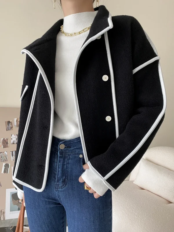 Fashion Coats for Women 2024 Loose Standing Collar Solid Short Women's Jacket Contrast Color Design White Black Autumn Outerwear - Image 24