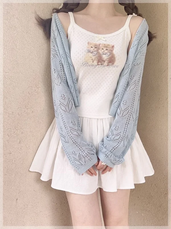 Kawaii Knitted Cardigans Women Long Sleeve V-Neck Flower Shape Hollow Out Sweaters for Sweet Girls - Image 14