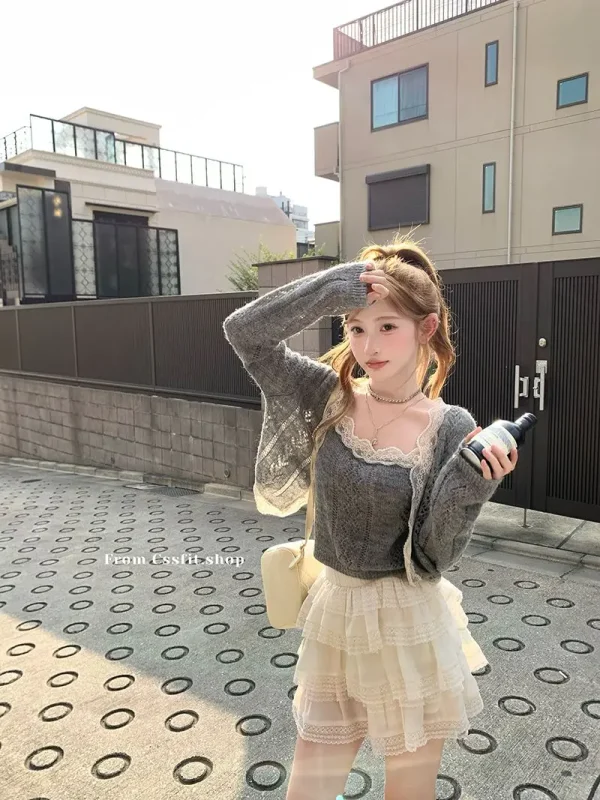 Solid Color Desire Style Women's Fall Lace Splicing Camisole Sweet Top Cardigan Two Piece Fashion Suit Pants Long Sleeve Zipper - Image 27