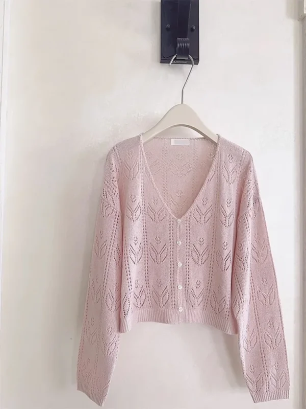 Kawaii Knitted Cardigans Women Long Sleeve V-Neck Flower Shape Hollow Out Sweaters for Sweet Girls - Image 7