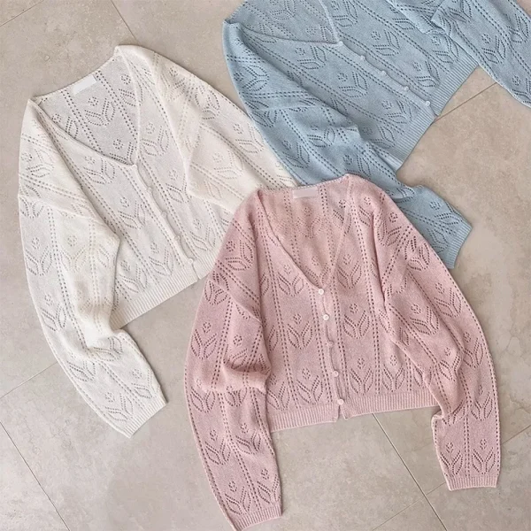 Kawaii Knitted Cardigans Women Long Sleeve V-Neck Flower Shape Hollow Out Sweaters for Sweet Girls