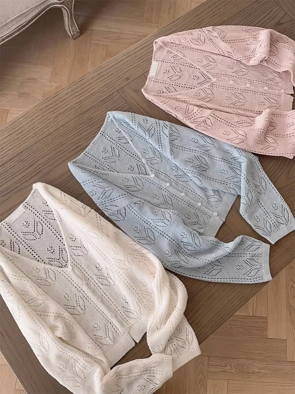 Kawaii Knitted Cardigans Women Long Sleeve V-Neck Flower Shape Hollow Out Sweaters for Sweet Girls - Image 11
