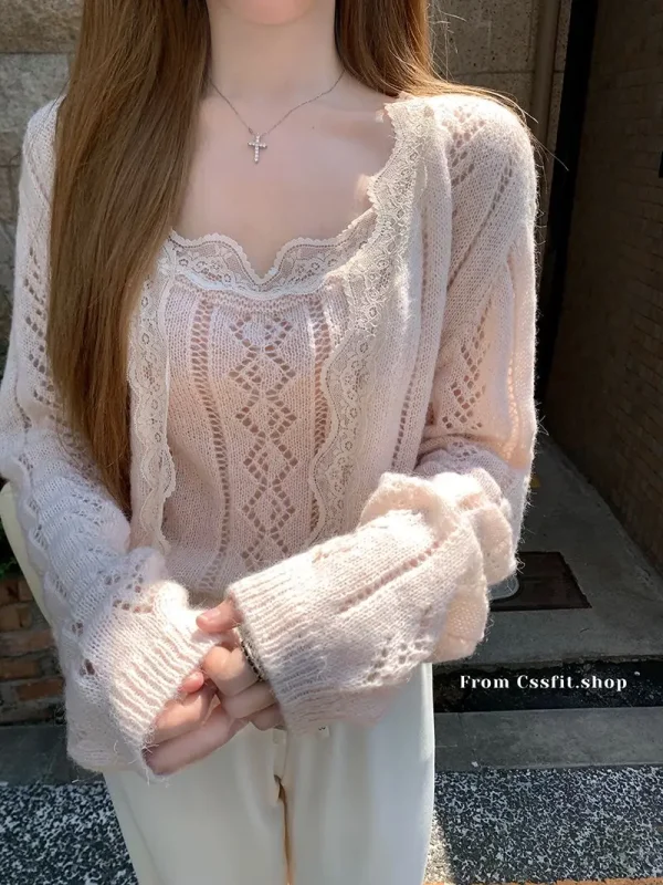 Solid Color Desire Style Women's Fall Lace Splicing Camisole Sweet Top Cardigan Two Piece Fashion Suit Pants Long Sleeve Zipper - Image 25