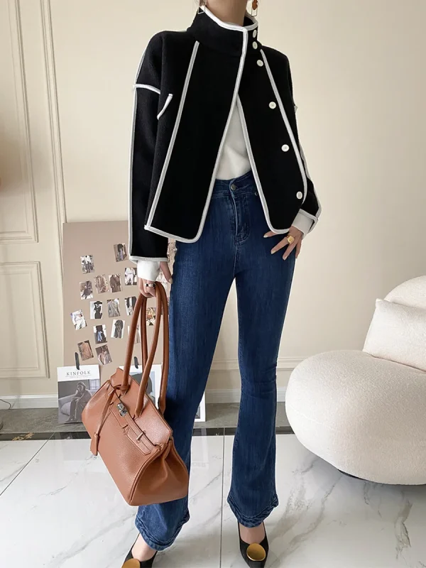 Fashion Coats for Women 2024 Loose Standing Collar Solid Short Women's Jacket Contrast Color Design White Black Autumn Outerwear - Image 26