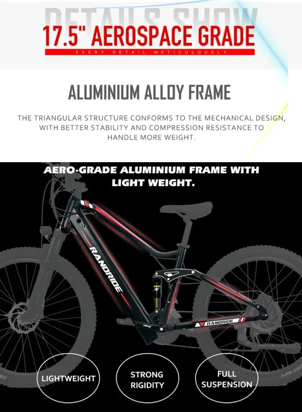 RANDRIDE YS90 1000W 48V Electric Bicycle SHIMANO Hydraulic Break Mountain Ebike Full Suspension Adult Bicycle and Electric Bike - Image 8