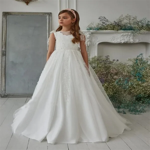 Luxurious White Flower Girl Dress Long Train With Bow Bead Birthday Ball Ball Gown Princess Holy First Communion Gowns - Image 21